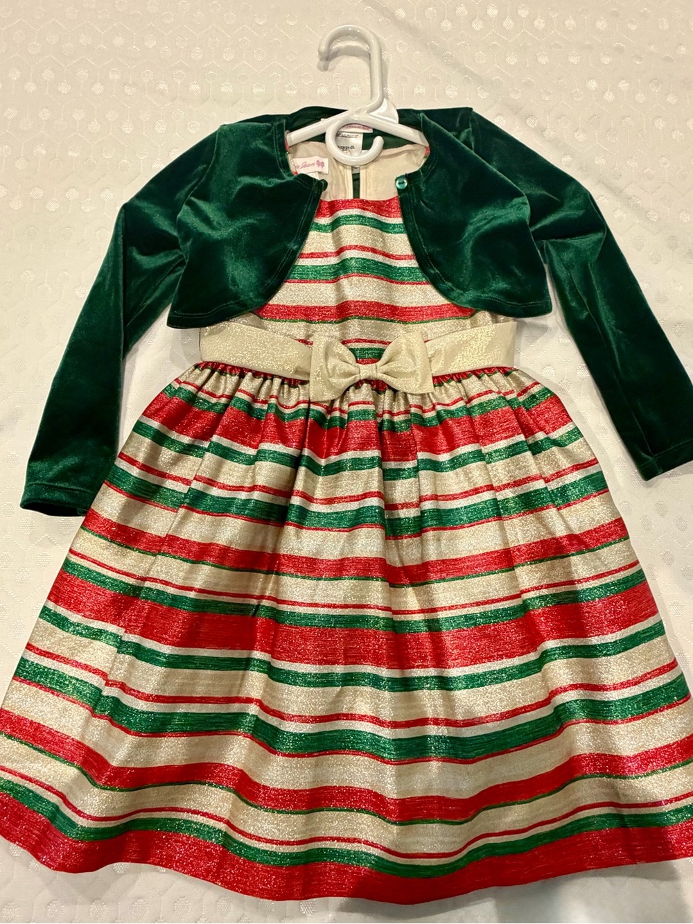Bonnie Jean Red, Green and Gold Striped Holiday Dress with Green Velvet Bolero